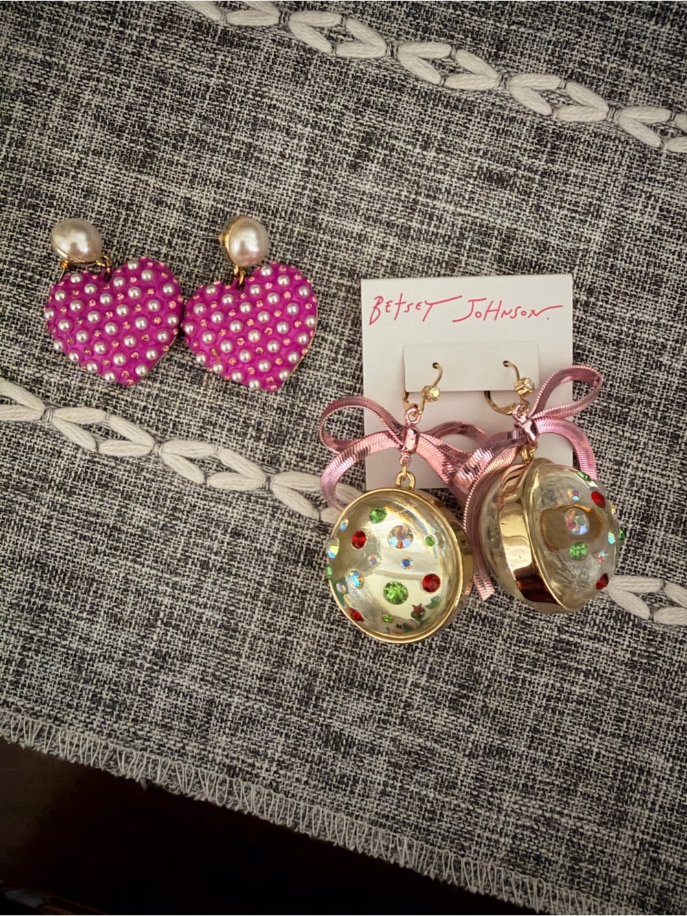 Betsey Johnson Pink Pearl Heart and Gold Dome Drop Earrings Set
